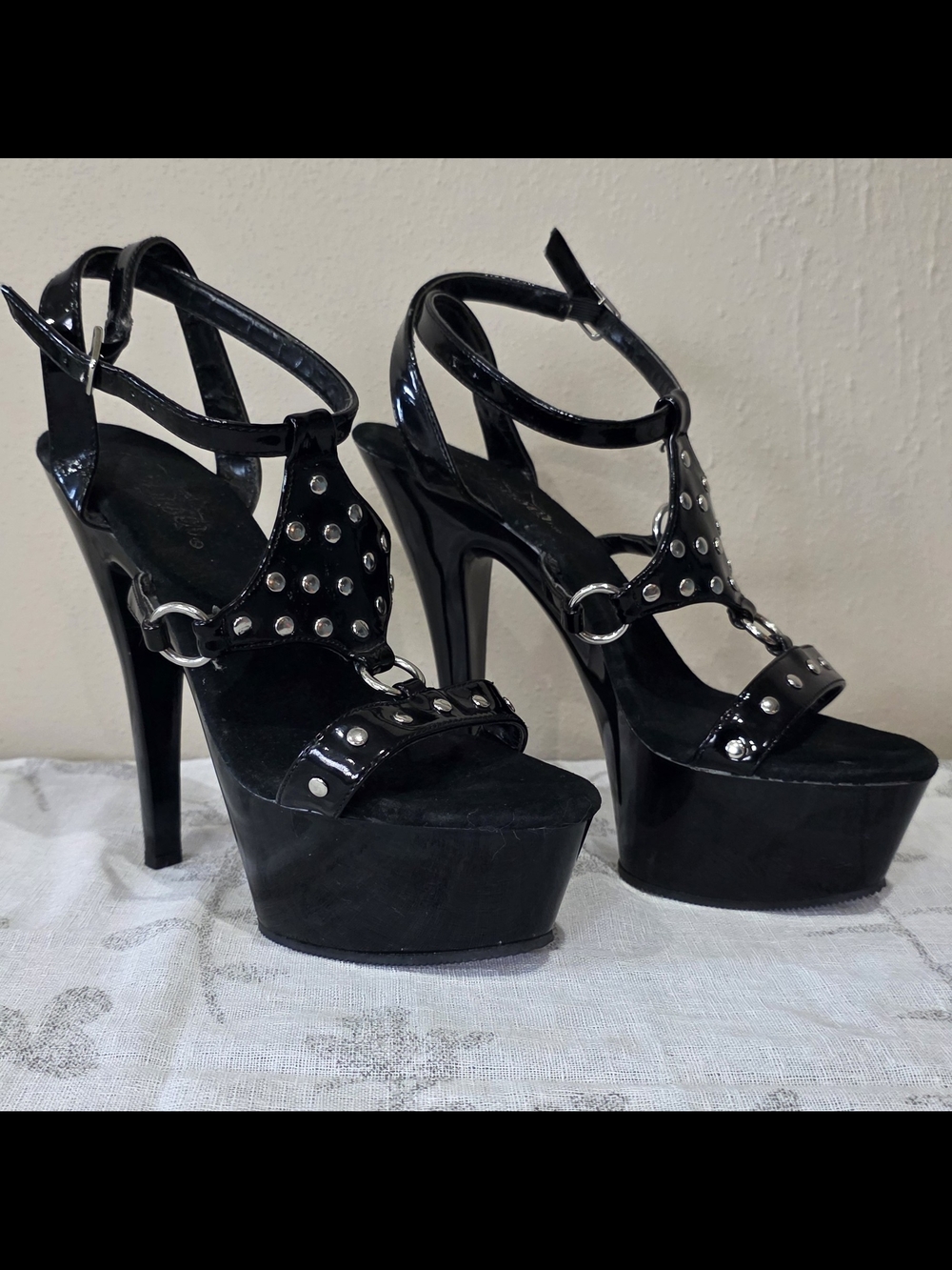 Pleaser Black Patent Platform Stiletto Heels with Stud Accents - Picture 4 of 8